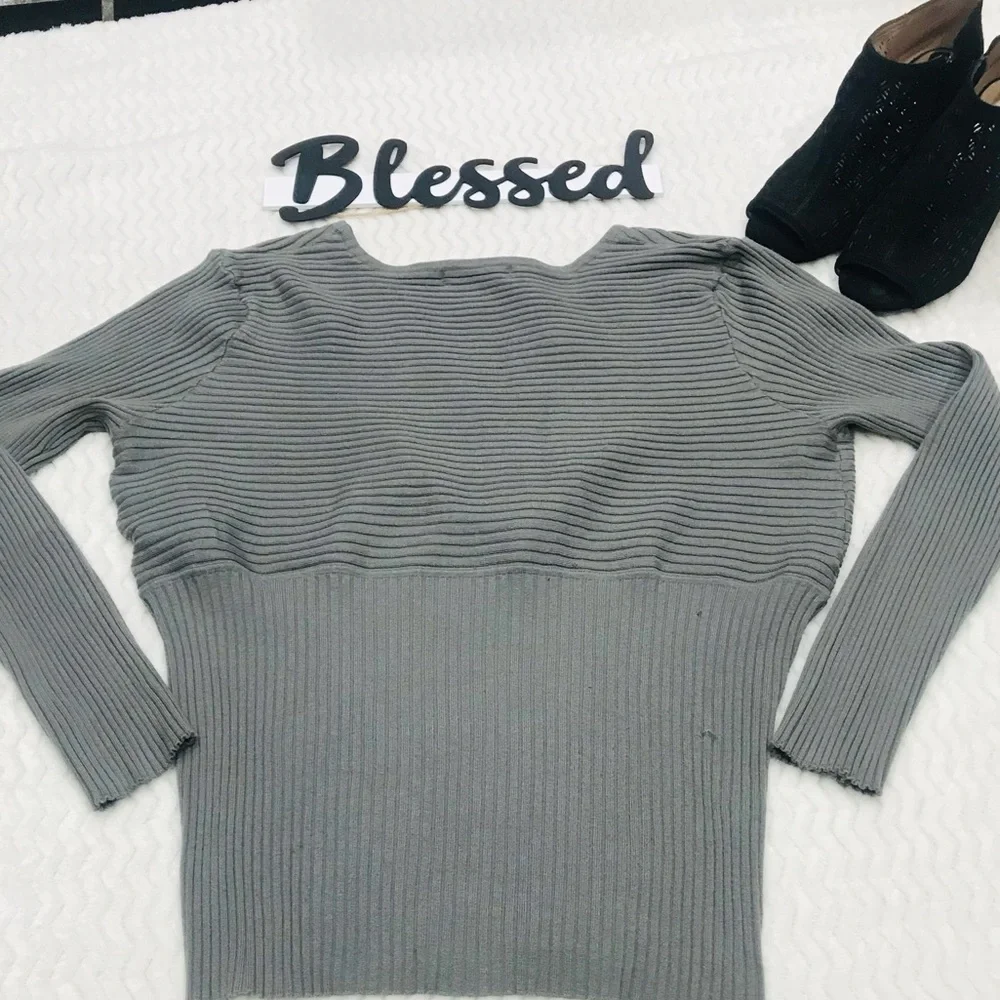 Ashley Stewart Gray Ribbed V-Neck Sweater - Picture 2 of 6